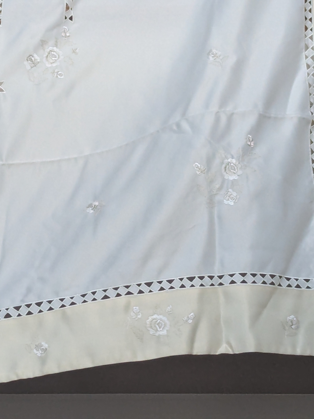 Ivory Embroidered Floral Scarf with Lattice Trim